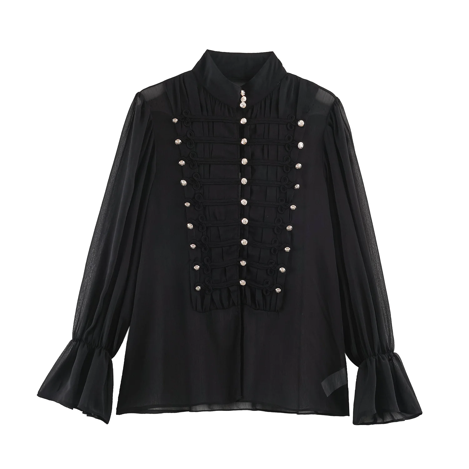 2026 Summer Women's Vintage Chinese Knotted Button UP Long Flare Sleeve Shirts Lady Elegant Loose Ruffles Stand Collar Blouses