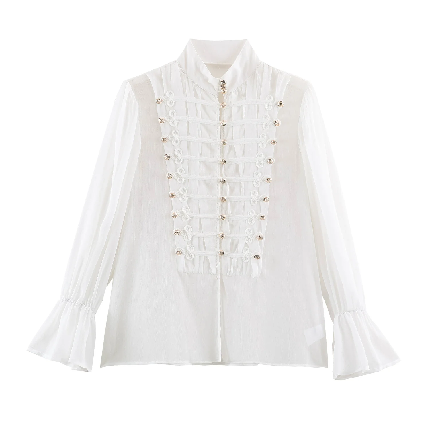 2026 Summer Women's Vintage Chinese Knotted Button UP Long Flare Sleeve Shirts Lady Elegant Loose Ruffles Stand Collar Blouses