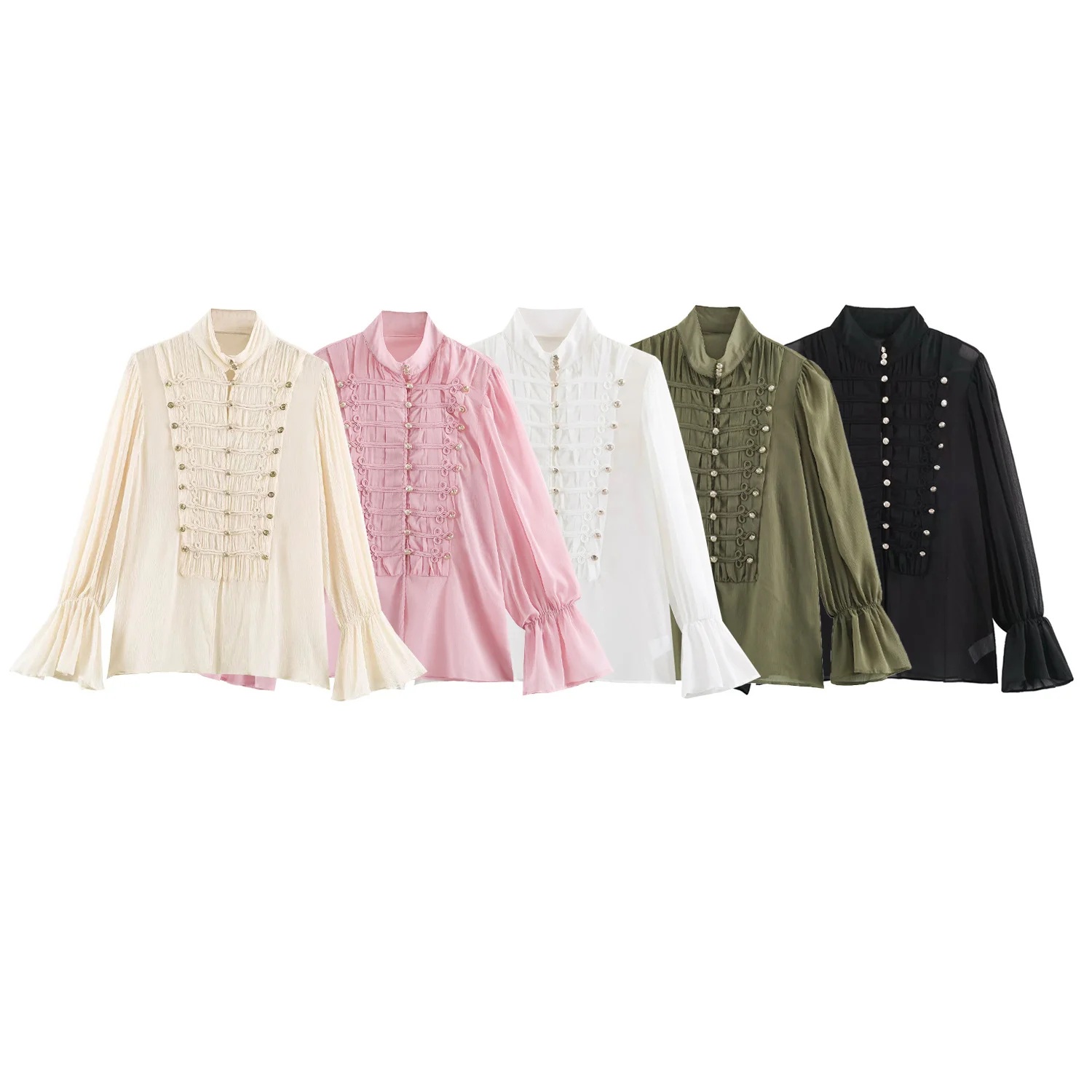 2026 Summer Women's Vintage Chinese Knotted Button UP Long Flare Sleeve Shirts Lady Elegant Loose Ruffles Stand Collar Blouses