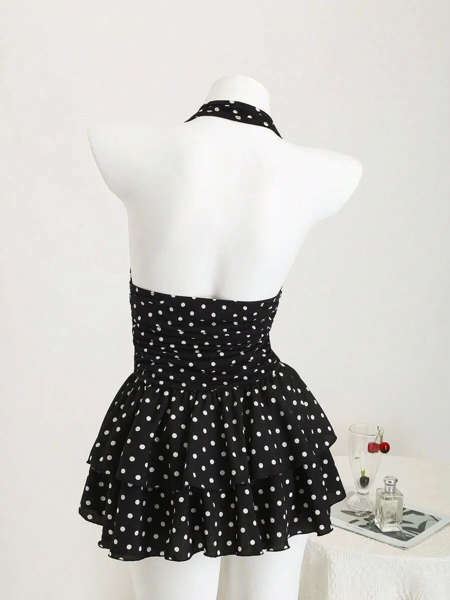 New Street Spicy Girl Digital Printed Design with Neck Hanging, Sleeveless Short, Thin Waist Cake Skirt