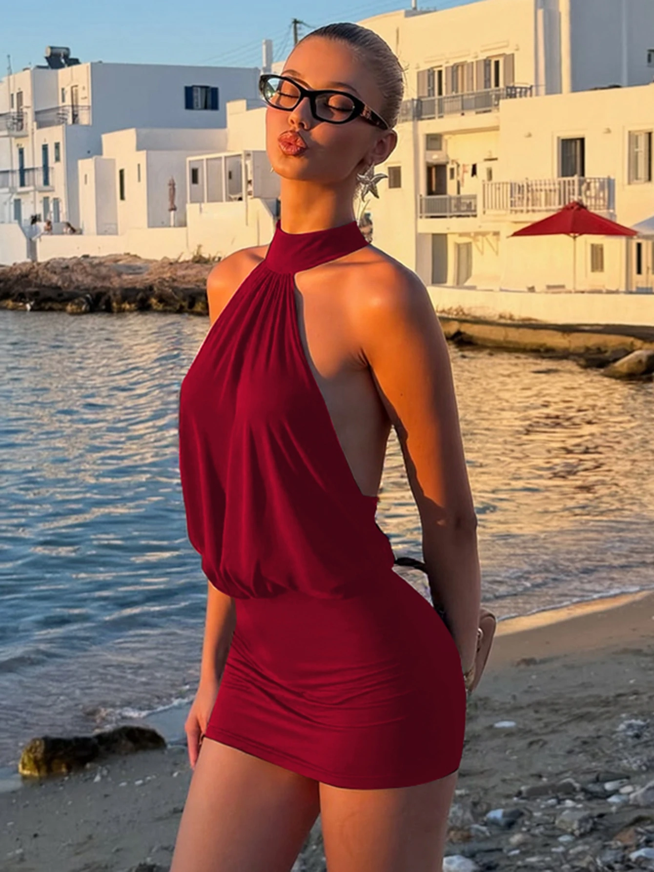 Dulzura Summer Fashion Sexy Halter Sleeveless Lace Up Backless Bodycon Mini Dress Women'S Solid Elegant Party Club Street Outfit