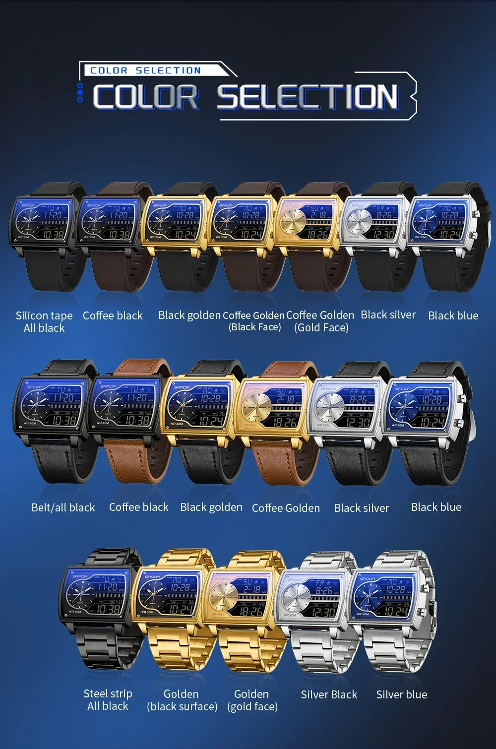 SANDA Top Luxury Men's Quartz Watch Fashion Square Watches Countdown Sports Waterproof Dual Display LED Men's Digital Wristwatch