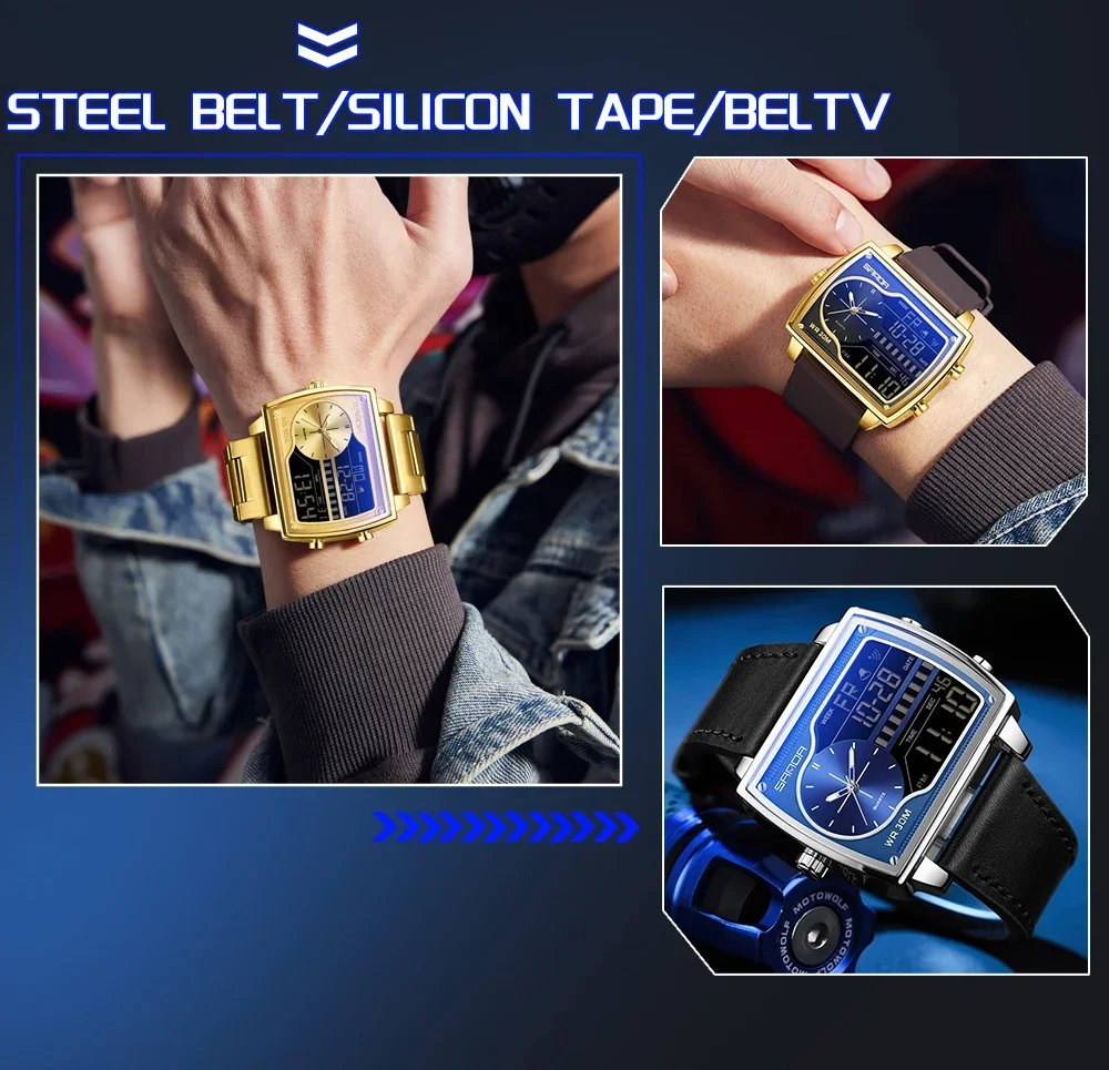 SANDA Top Luxury Men's Quartz Watch Fashion Square Watches Countdown Sports Waterproof Dual Display LED Men's Digital Wristwatch
