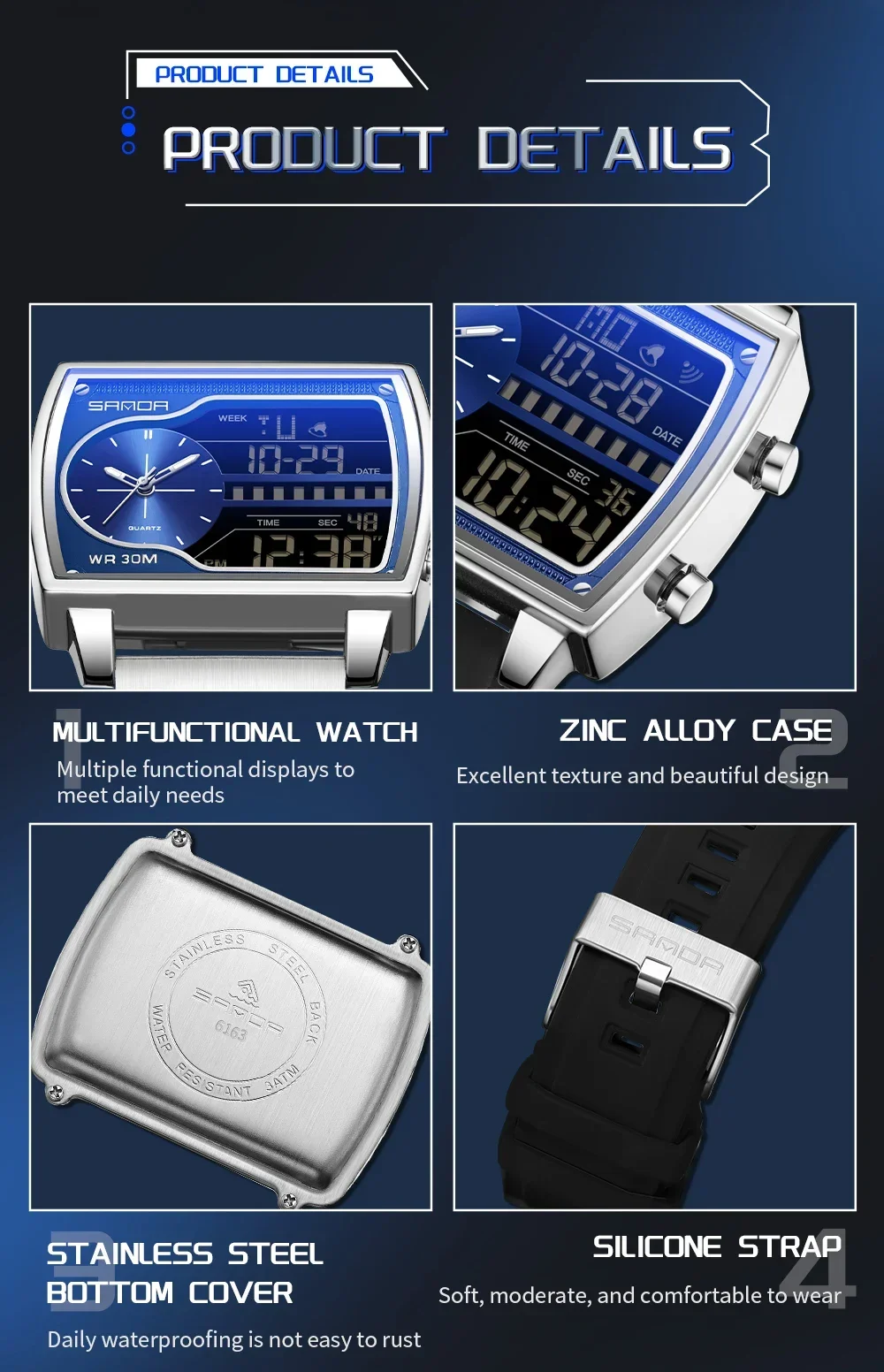 SANDA Top Luxury Men's Quartz Watch Fashion Square Watches Countdown Sports Waterproof Dual Display LED Men's Digital Wristwatch
