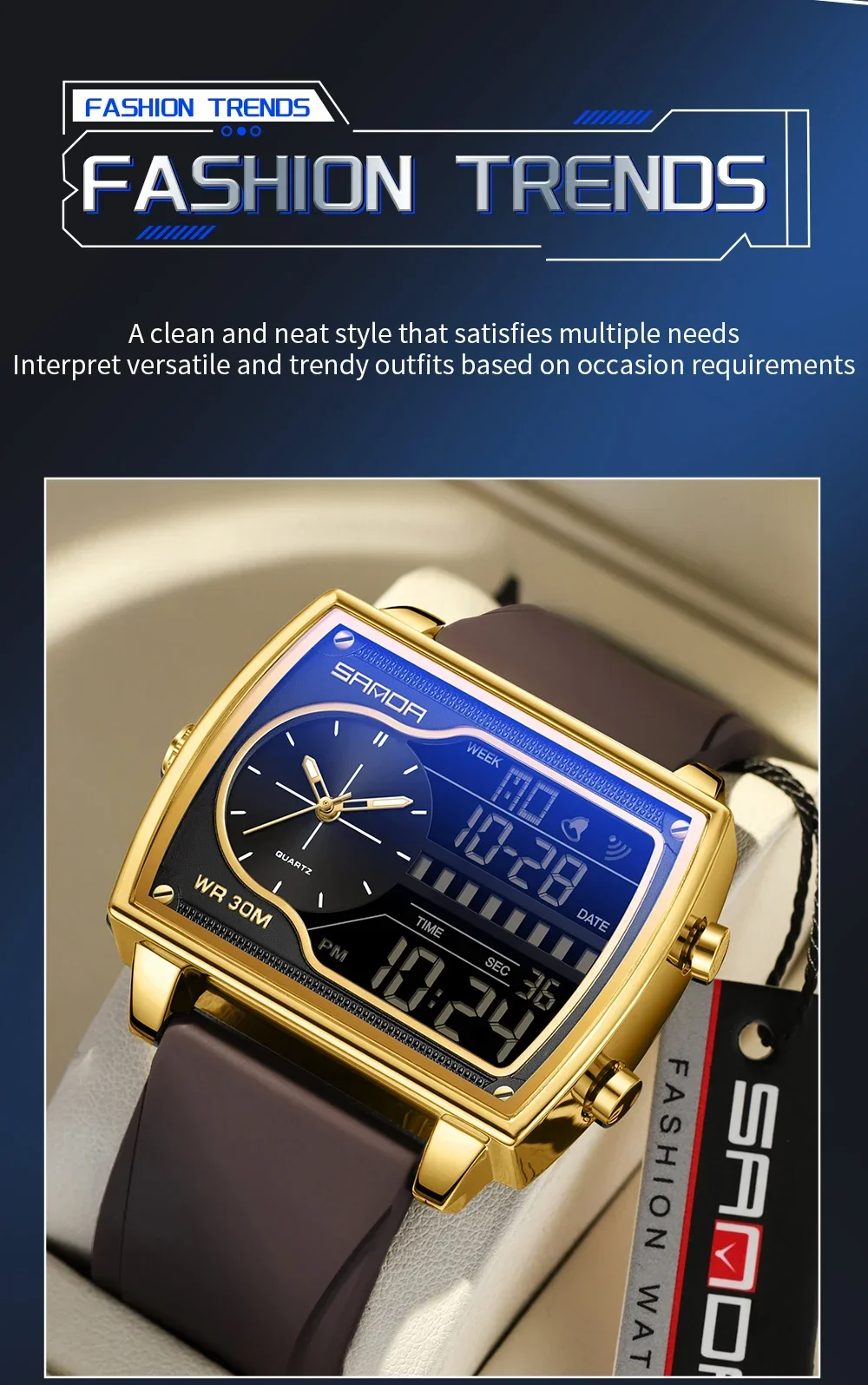 SANDA Top Luxury Men's Quartz Watch Fashion Square Watches Countdown Sports Waterproof Dual Display LED Men's Digital Wristwatch