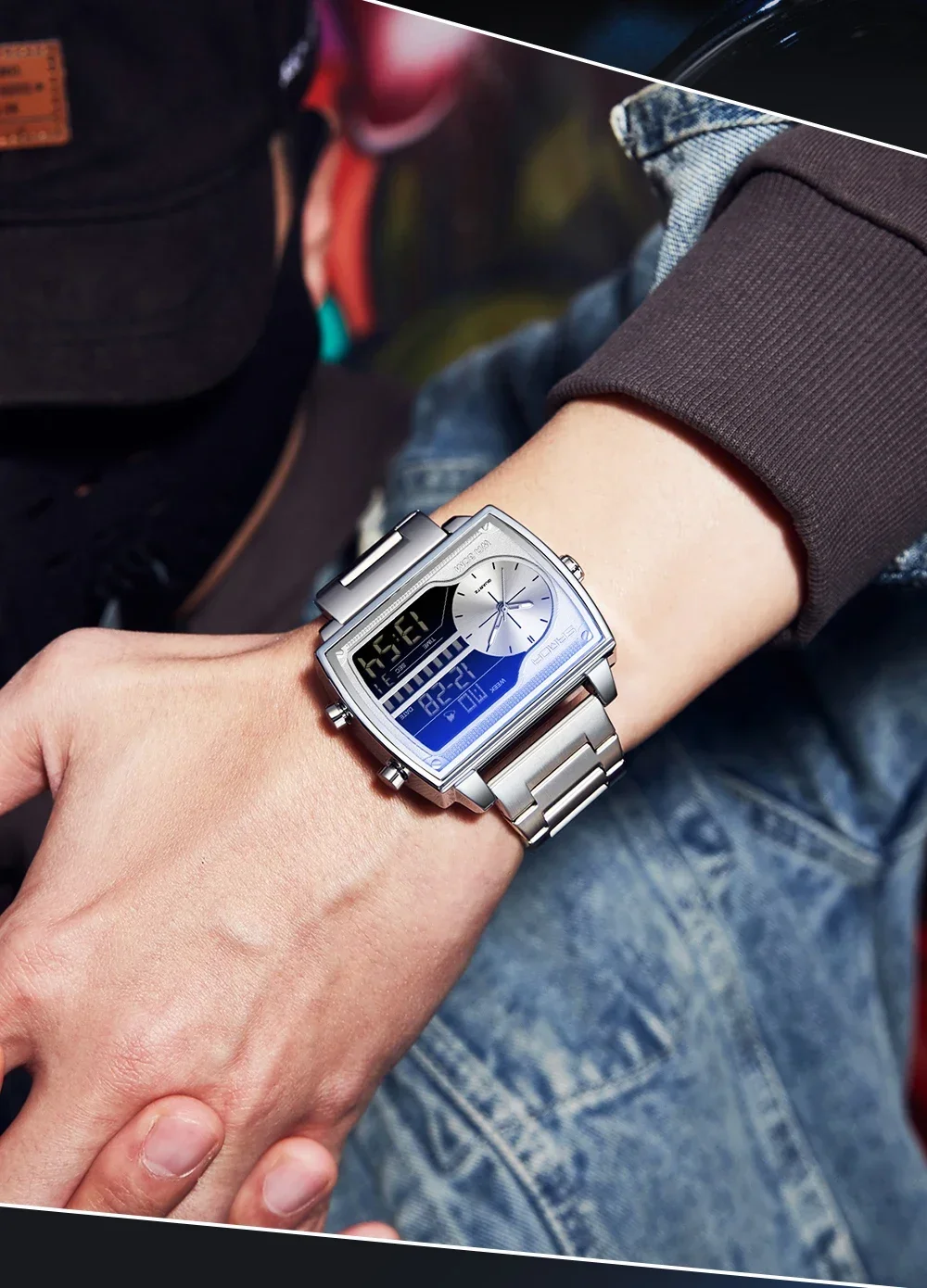 SANDA Top Luxury Men's Quartz Watch Fashion Square Watches Countdown Sports Waterproof Dual Display LED Men's Digital Wristwatch