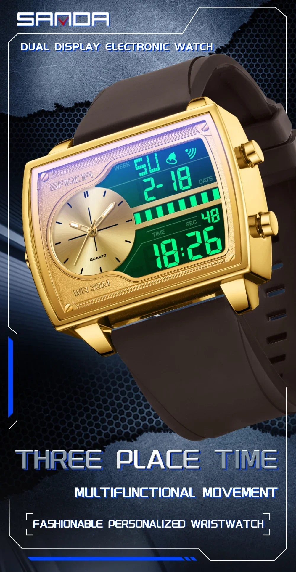 SANDA Top Luxury Men's Quartz Watch Fashion Square Watches Countdown Sports Waterproof Dual Display LED Men's Digital Wristwatch