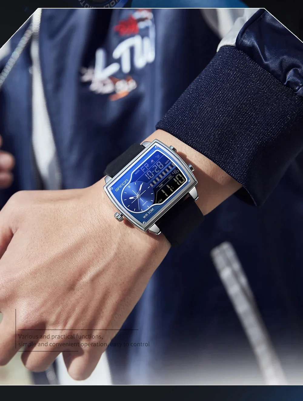 SANDA Top Luxury Men's Quartz Watch Fashion Square Watches Countdown Sports Waterproof Dual Display LED Men's Digital Wristwatch