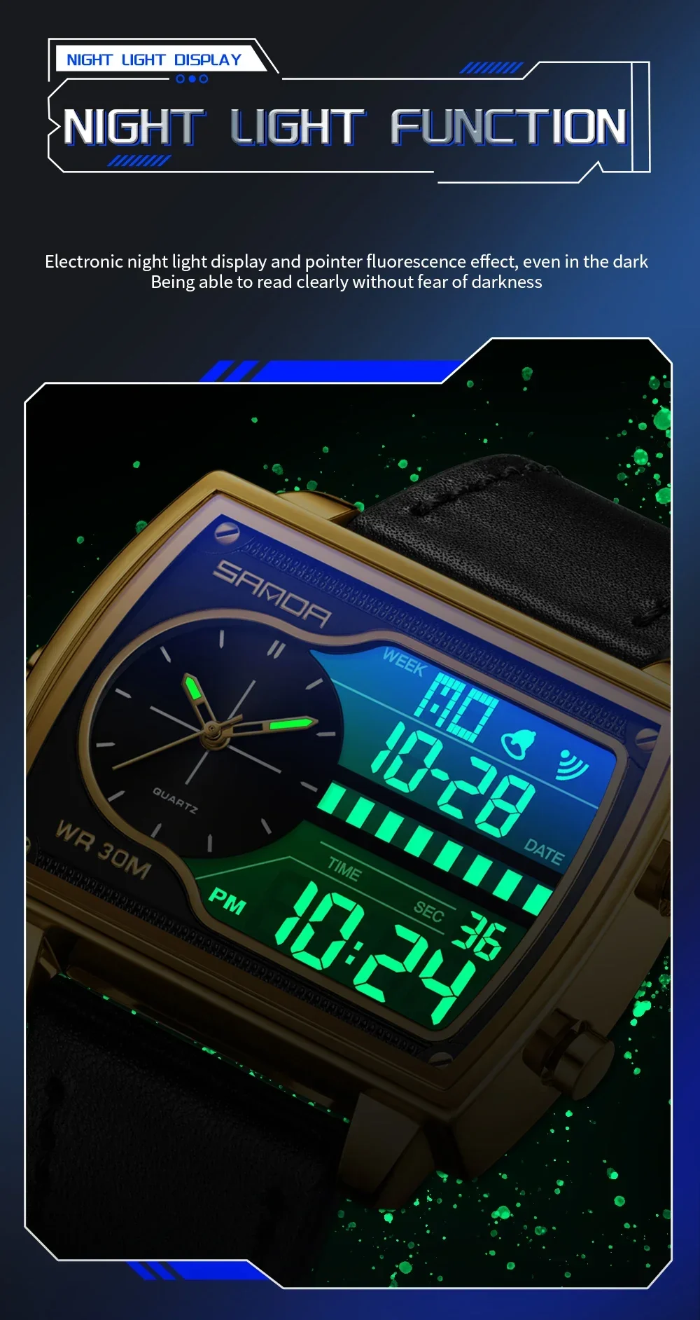 SANDA Top Luxury Men's Quartz Watch Fashion Square Watches Countdown Sports Waterproof Dual Display LED Men's Digital Wristwatch