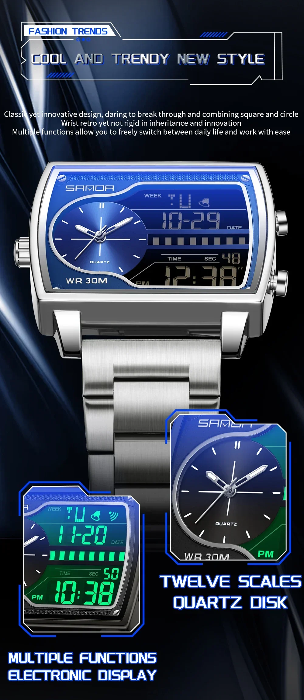 SANDA Top Luxury Men's Quartz Watch Fashion Square Watches Countdown Sports Waterproof Dual Display LED Men's Digital Wristwatch