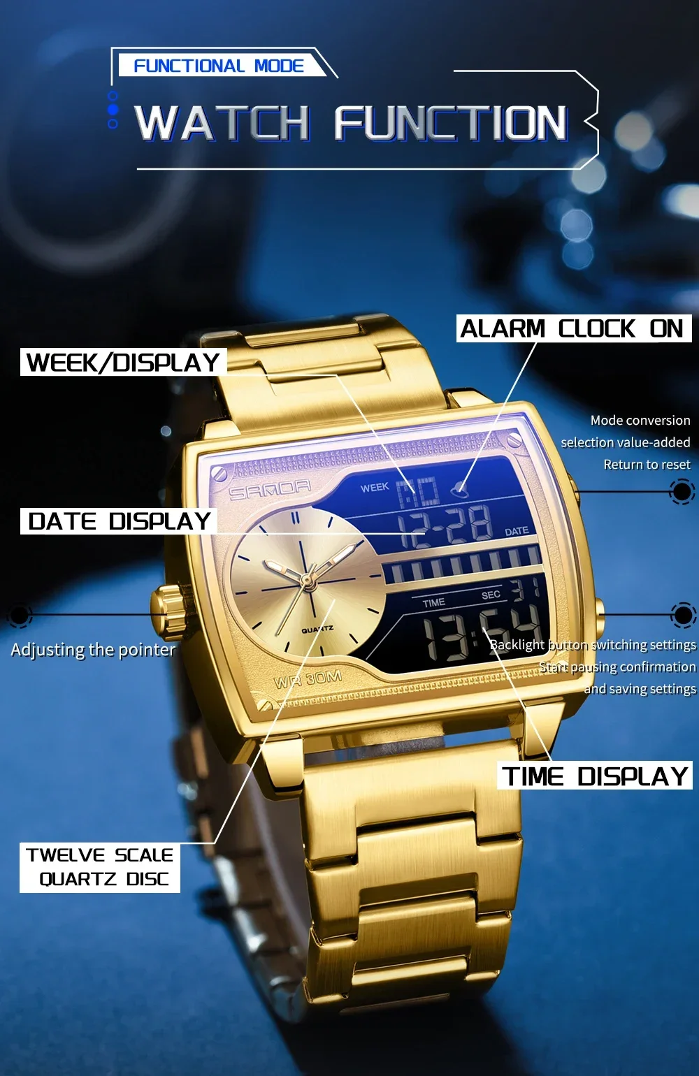 SANDA Top Luxury Men's Quartz Watch Fashion Square Watches Countdown Sports Waterproof Dual Display LED Men's Digital Wristwatch