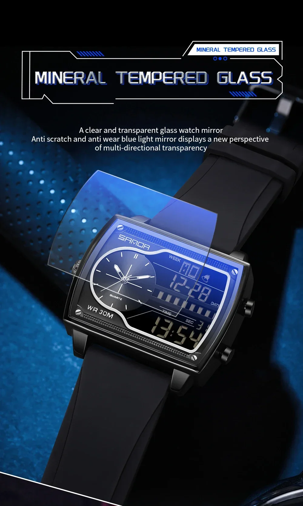 SANDA Top Luxury Men's Quartz Watch Fashion Square Watches Countdown Sports Waterproof Dual Display LED Men's Digital Wristwatch