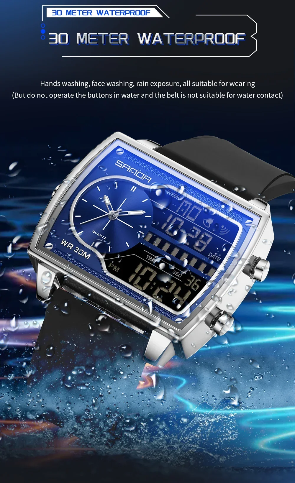 SANDA Top Luxury Men's Quartz Watch Fashion Square Watches Countdown Sports Waterproof Dual Display LED Men's Digital Wristwatch
