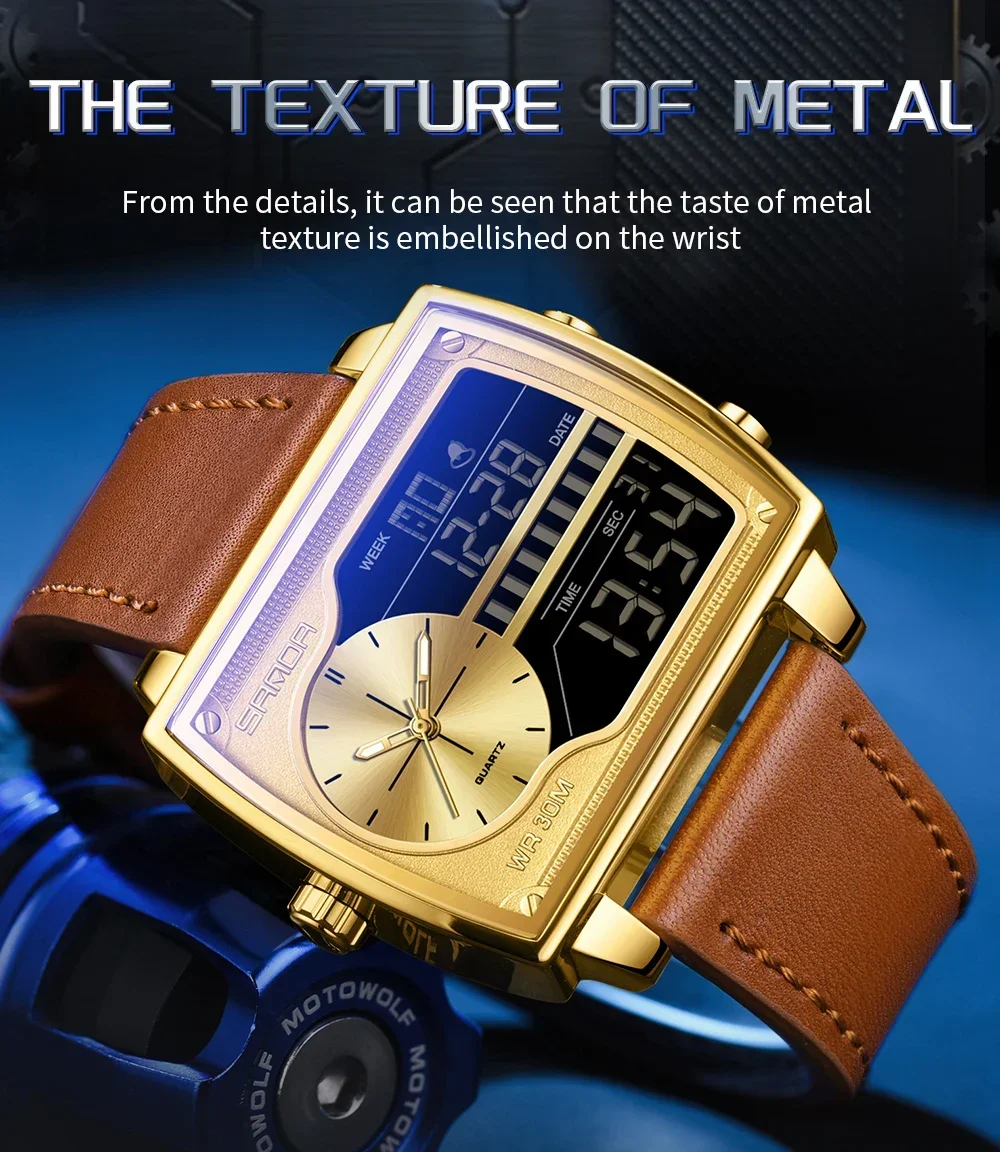 SANDA Top Luxury Men's Quartz Watch Fashion Square Watches Countdown Sports Waterproof Dual Display LED Men's Digital Wristwatch