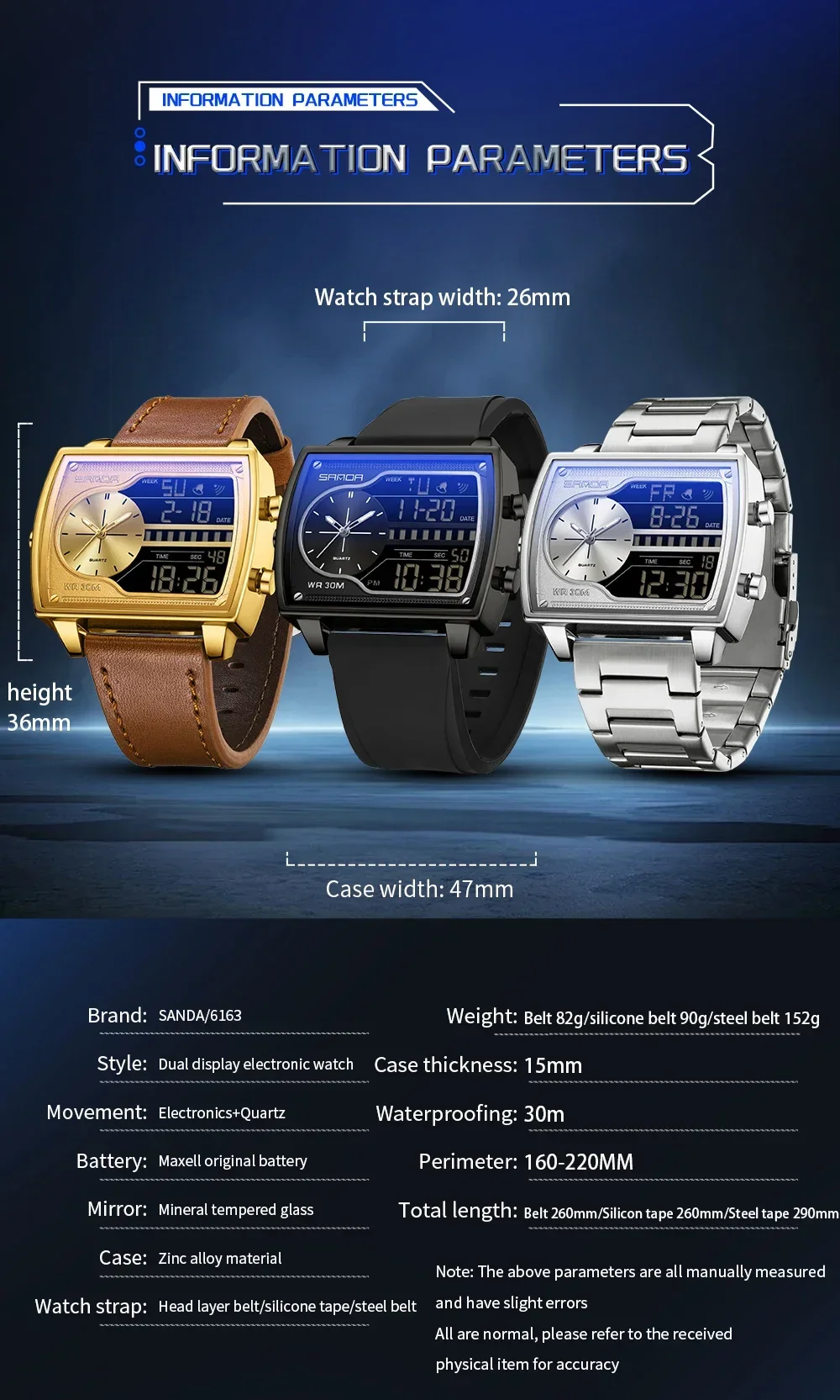 SANDA Top Luxury Men's Quartz Watch Fashion Square Watches Countdown Sports Waterproof Dual Display LED Men's Digital Wristwatch