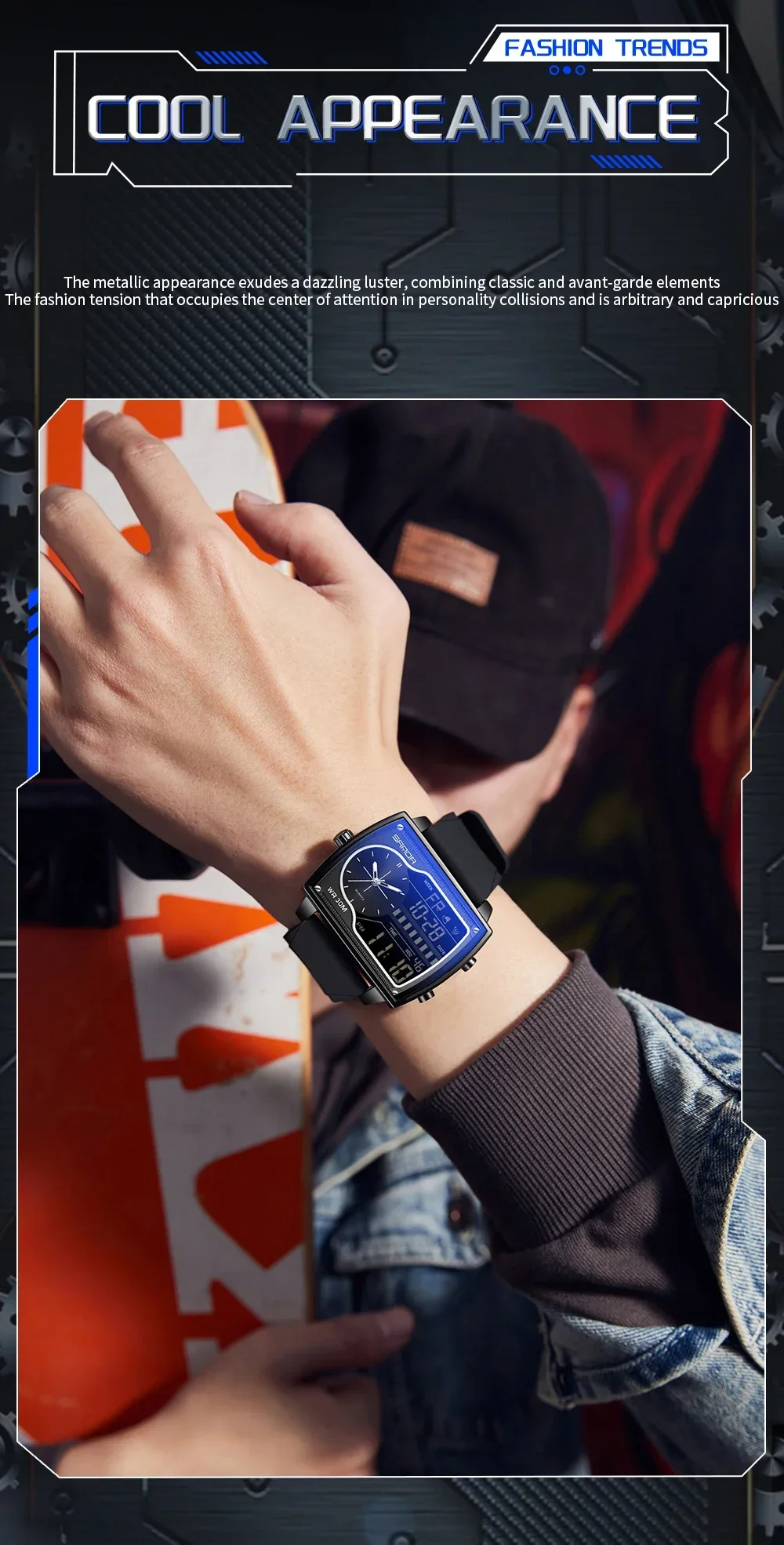SANDA Top Luxury Men's Quartz Watch Fashion Square Watches Countdown Sports Waterproof Dual Display LED Men's Digital Wristwatch