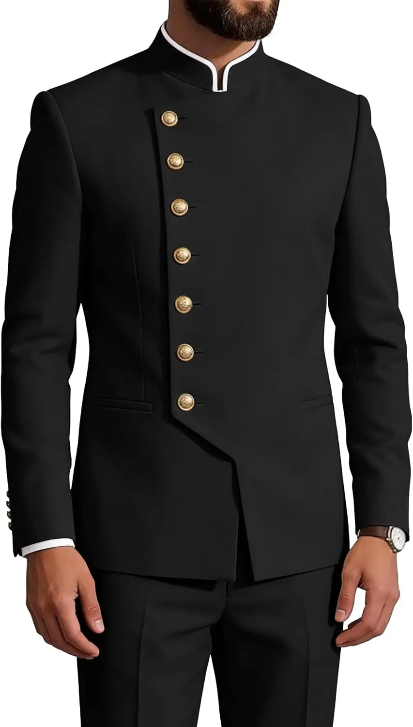 Mandarin Collar 2-Piece Suit Chinese Suit Set for Men Stand Collar Slim Fit Chinese Tunic Suits Jacket Pant Set Wedding