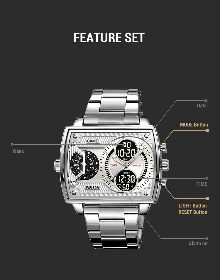 Skmei Mens Multiple Time Zone Sports Watches Fashion Digital Analog Display Waterproof Quartz Wristwatch Led Chrono Alarm Clock