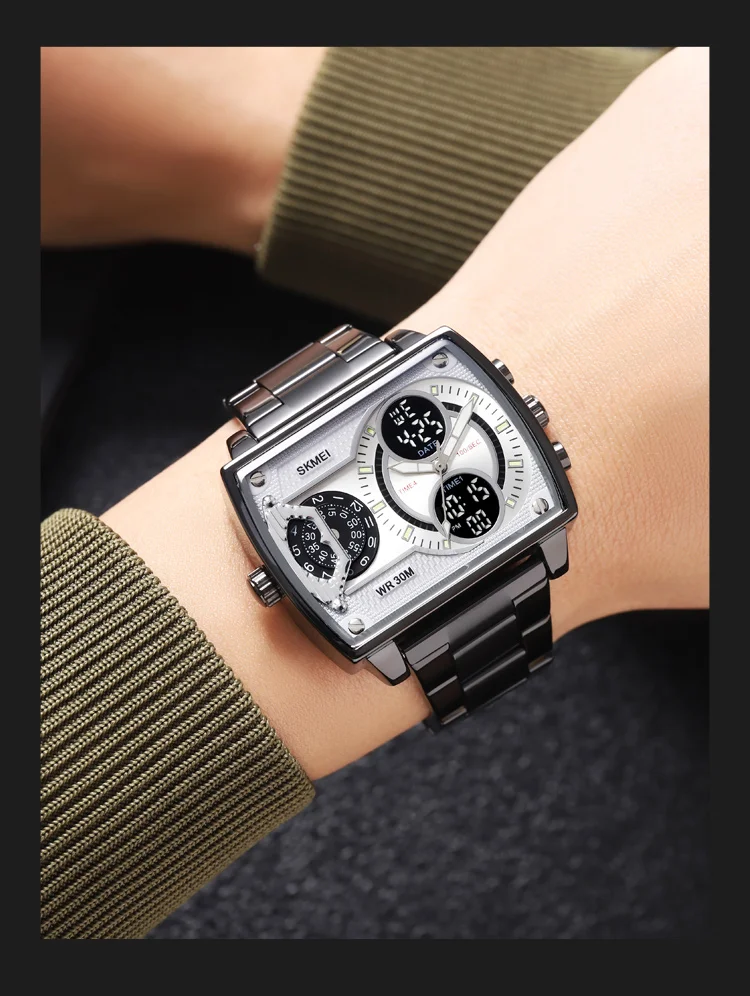 Skmei Mens Multiple Time Zone Sports Watches Fashion Digital Analog Display Waterproof Quartz Wristwatch Led Chrono Alarm Clock
