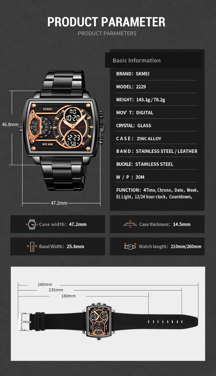 Skmei Mens Multiple Time Zone Sports Watches Fashion Digital Analog Display Waterproof Quartz Wristwatch Led Chrono Alarm Clock