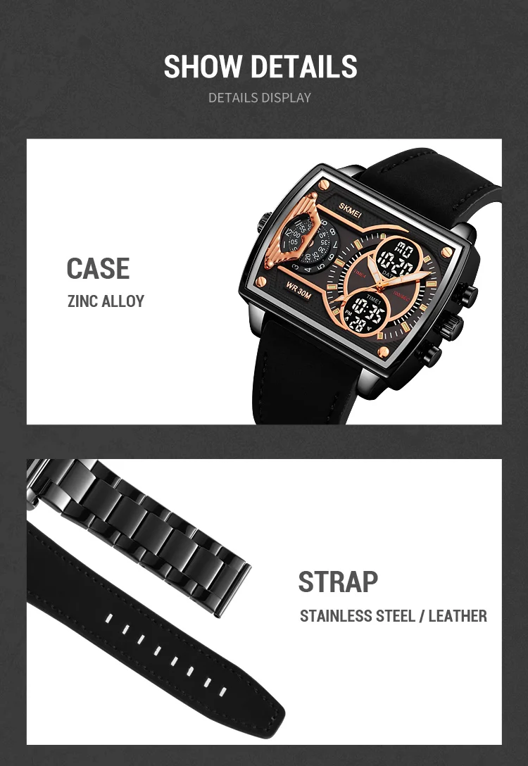 Skmei Mens Multiple Time Zone Sports Watches Fashion Digital Analog Display Waterproof Quartz Wristwatch Led Chrono Alarm Clock