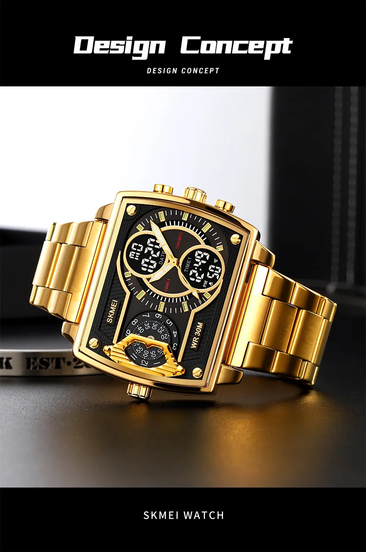 Skmei Mens Multiple Time Zone Sports Watches Fashion Digital Analog Display Waterproof Quartz Wristwatch Led Chrono Alarm Clock