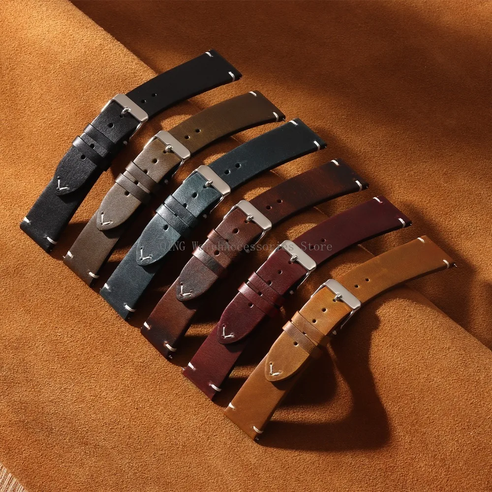 18/19/20/21/22mm Vintage Oil Wax Leather WatchBand Strap Men Women Business Stitching Wristband Universal Quick Release Bracelet