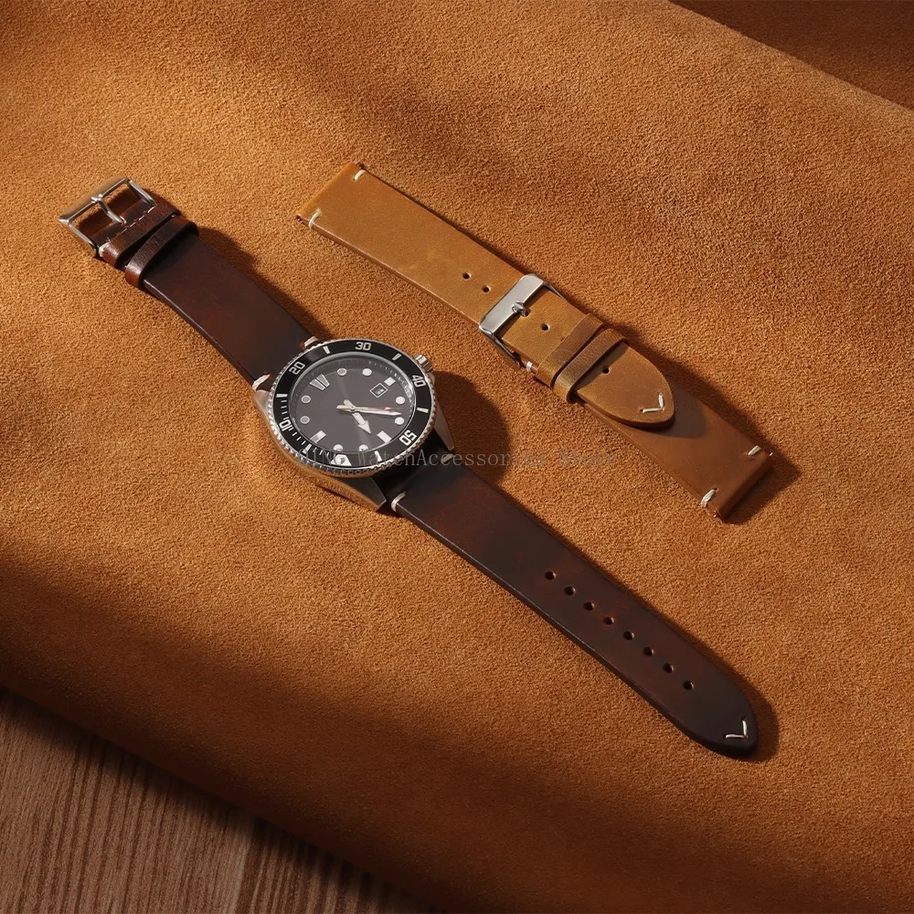 18/19/20/21/22mm Vintage Oil Wax Leather WatchBand Strap Men Women Business Stitching Wristband Universal Quick Release Bracelet