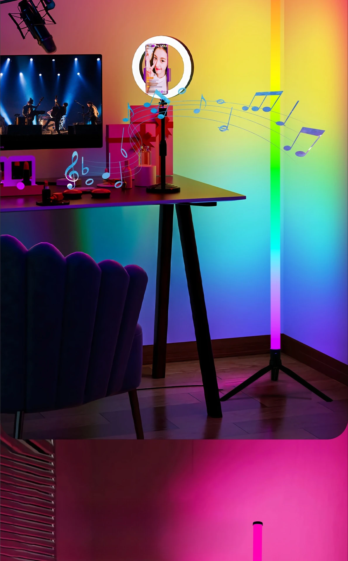 120CM LED RGB Floor Lamp Bar, Sound Pickup Ambient Light, Corner Wall Light for Bedroom, E-Sports Room Live Atmosphere Lamp