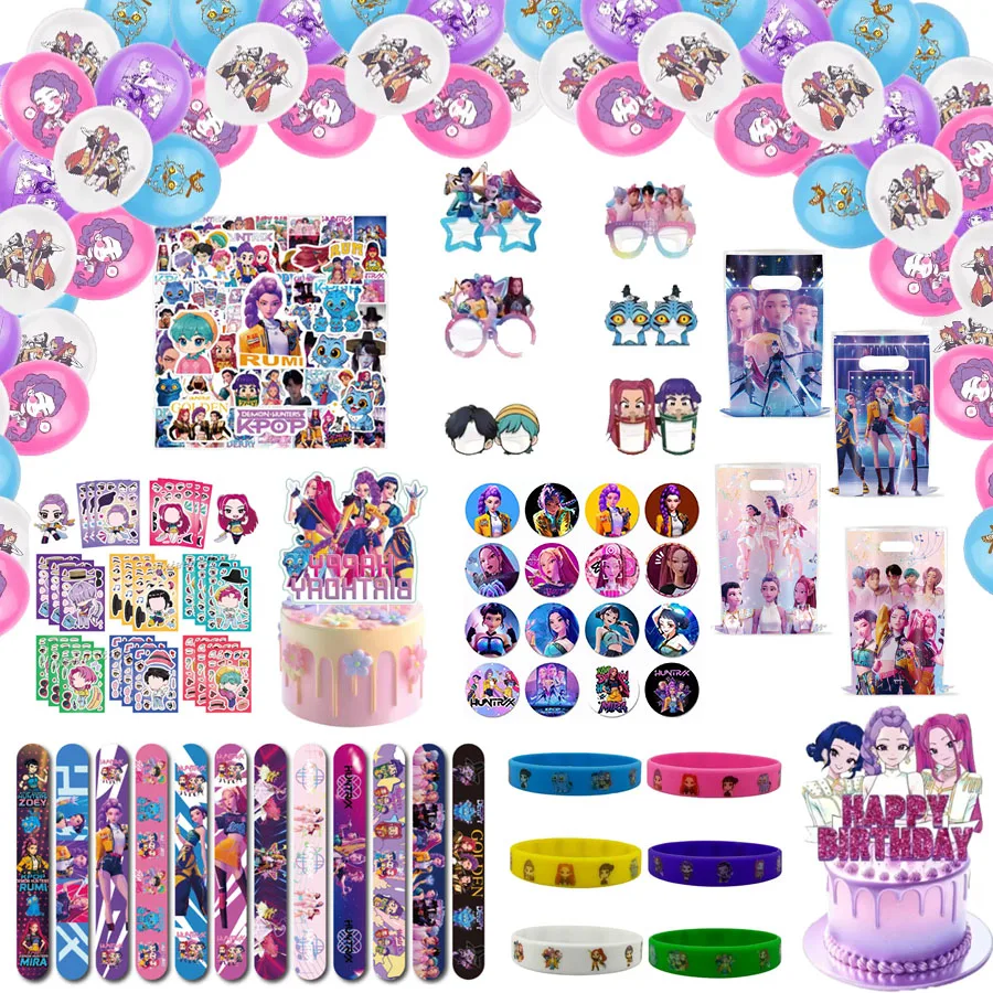 KPOP Birthday Party Supplies Set with Tattoo Stickers Slap Bracelets Paper Glasses Tablecloth Balloons - Theme Decor Gift Bags