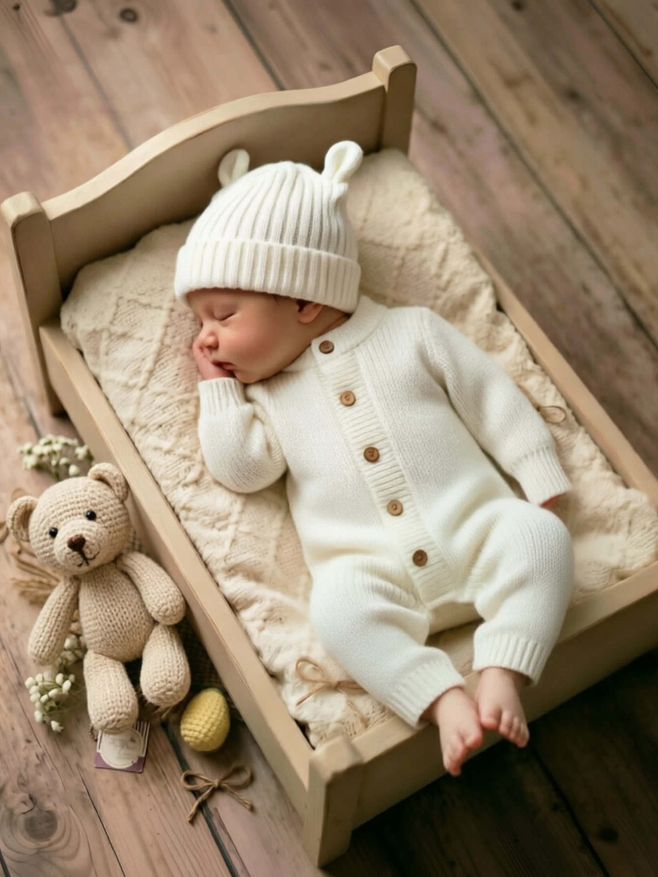"little baby" Embroidery Knitting Newborn Birth Announcement Outfits Baby Bear Ears Photography Jumpsuit Infant Photo Props-HD