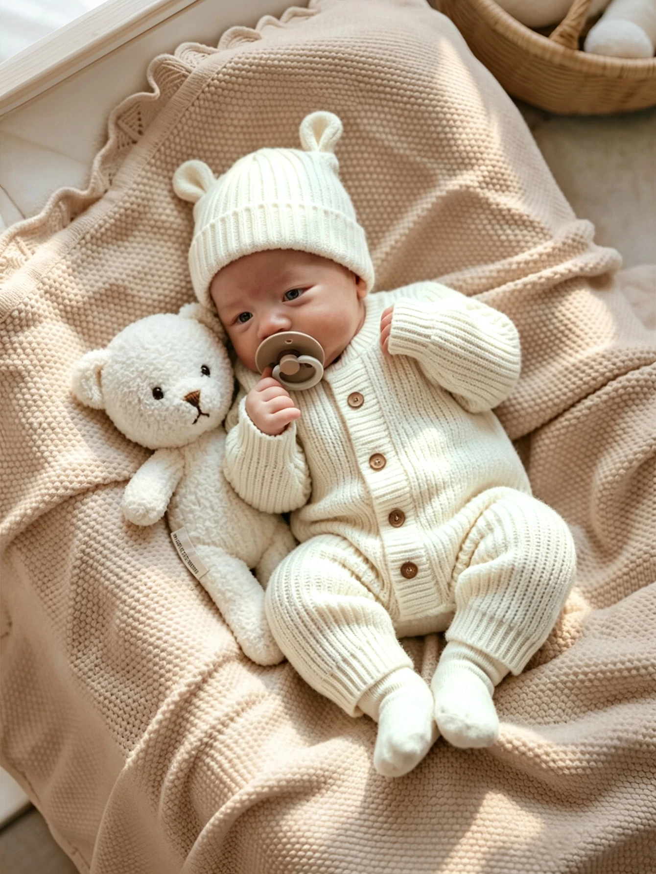 "little baby" Embroidery Knitting Newborn Birth Announcement Outfits Baby Bear Ears Photography Jumpsuit Infant Photo Props-HD
