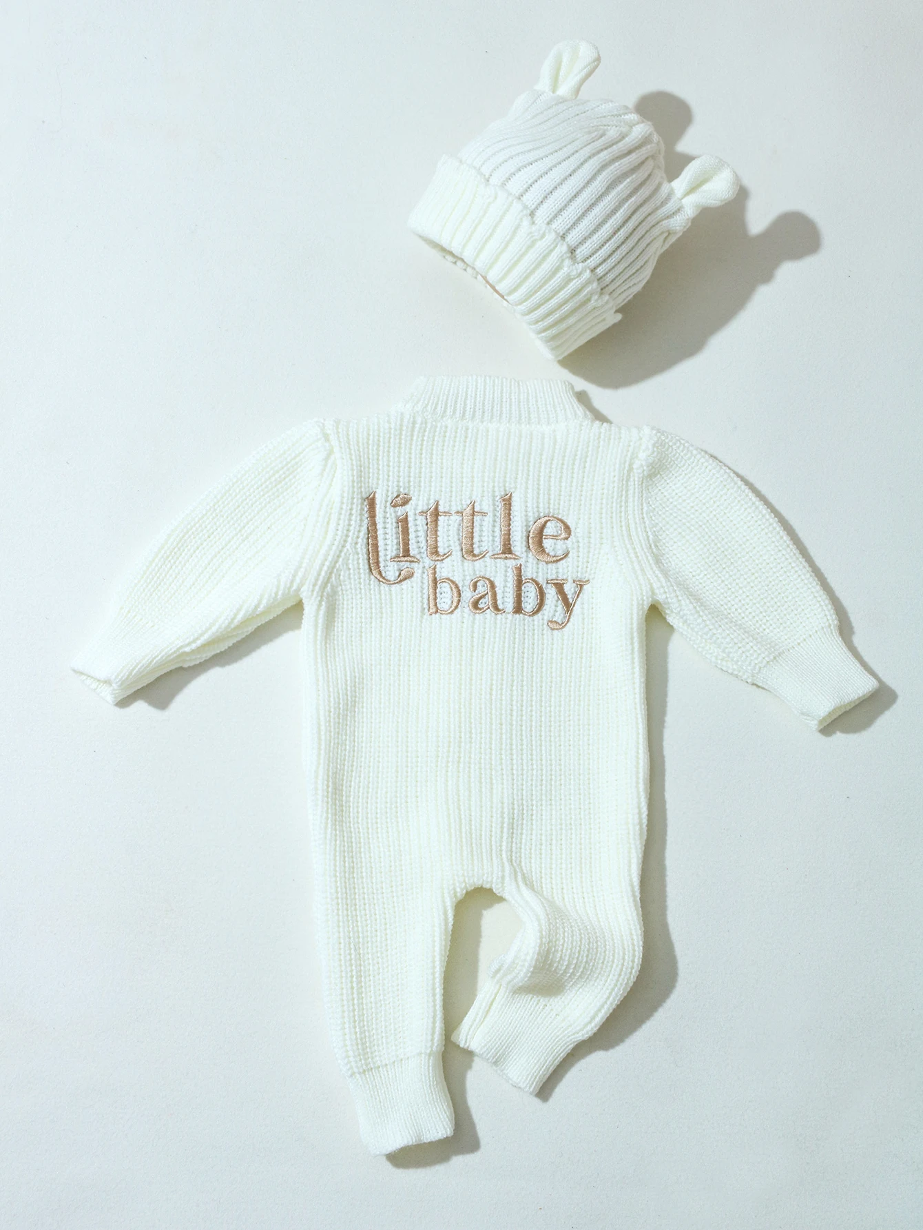 "little baby" Embroidery Knitting Newborn Birth Announcement Outfits Baby Bear Ears Photography Jumpsuit Infant Photo Props-HD