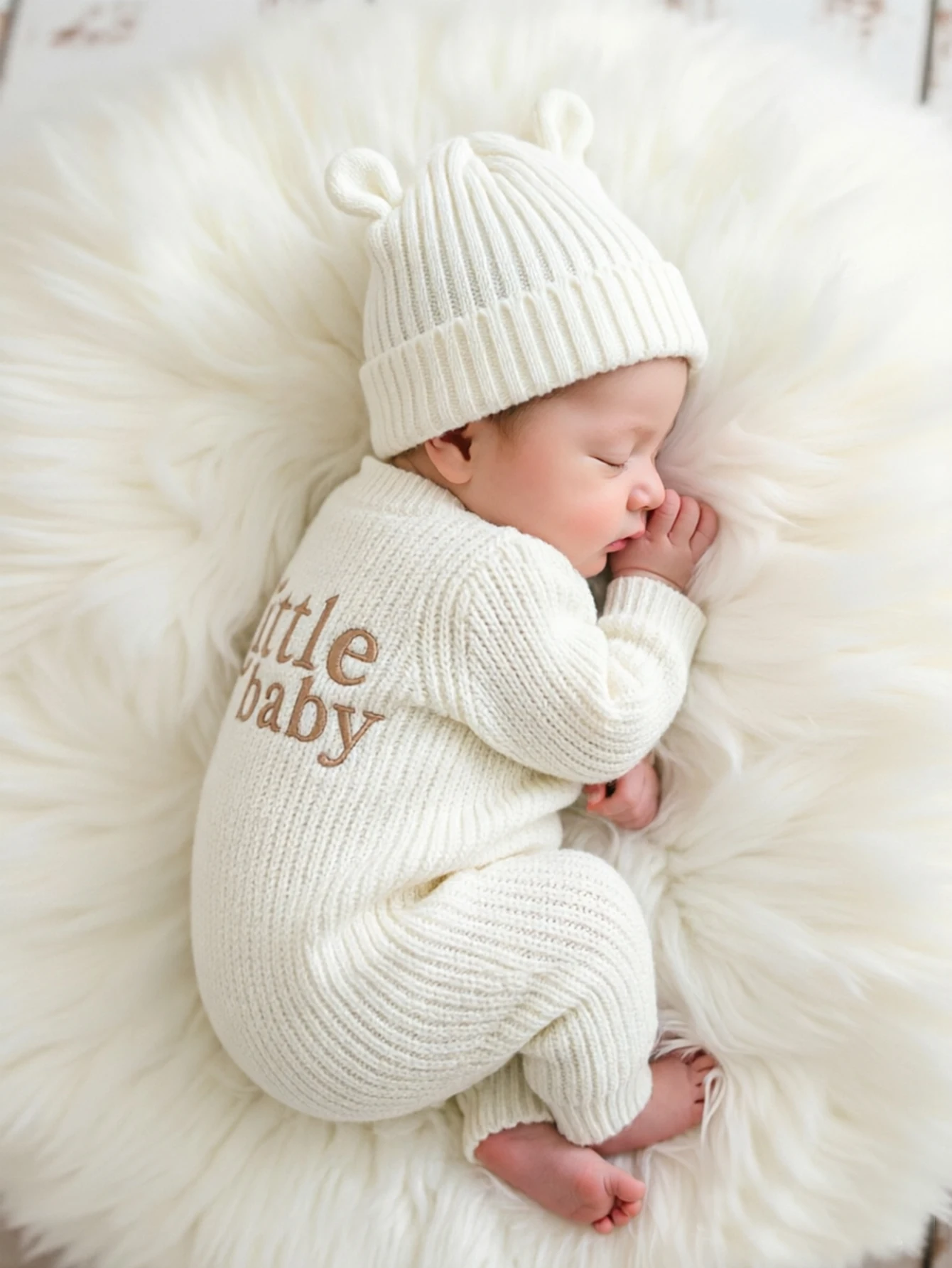 "little baby" Embroidery Knitting Newborn Birth Announcement Outfits Baby Bear Ears Photography Jumpsuit Infant Photo Props-HD
