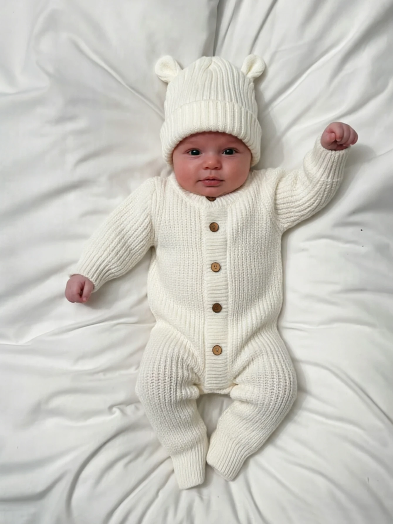 "little baby" Embroidery Knitting Newborn Birth Announcement Outfits Baby Bear Ears Photography Jumpsuit Infant Photo Props-HD