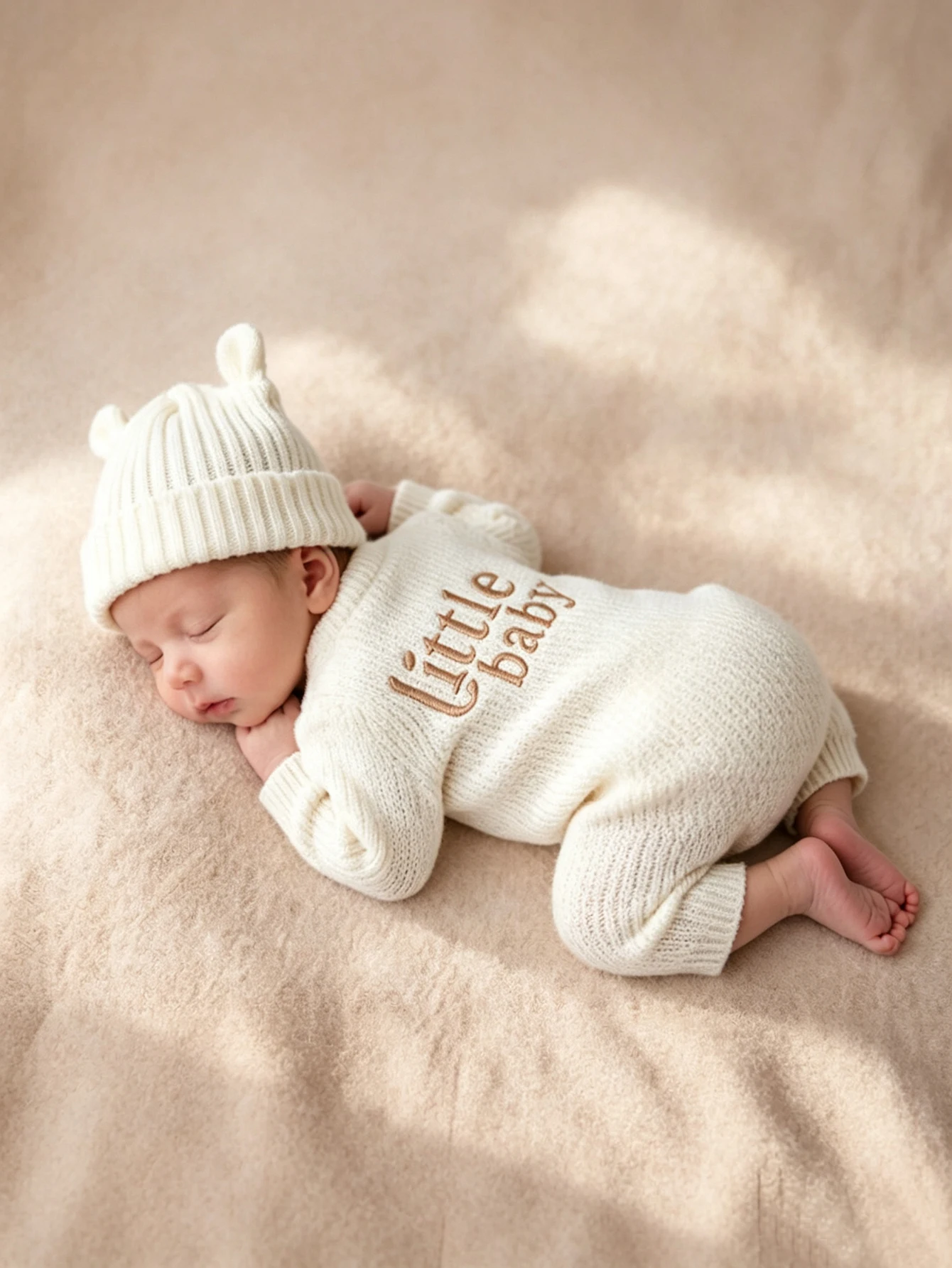 "little baby" Embroidery Knitting Newborn Birth Announcement Outfits Baby Bear Ears Photography Jumpsuit Infant Photo Props-HD