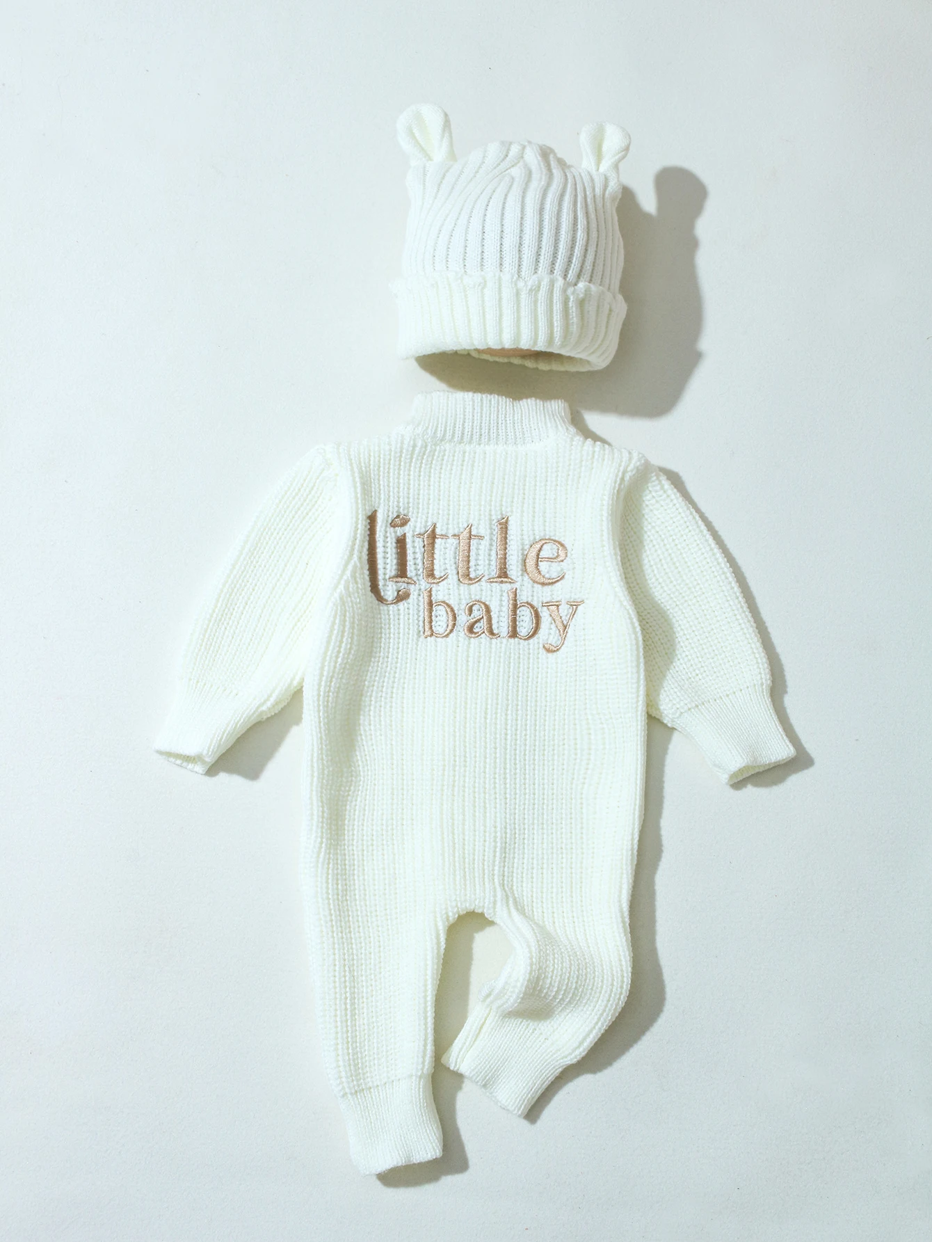 "little baby" Embroidery Knitting Newborn Birth Announcement Outfits Baby Bear Ears Photography Jumpsuit Infant Photo Props-HD