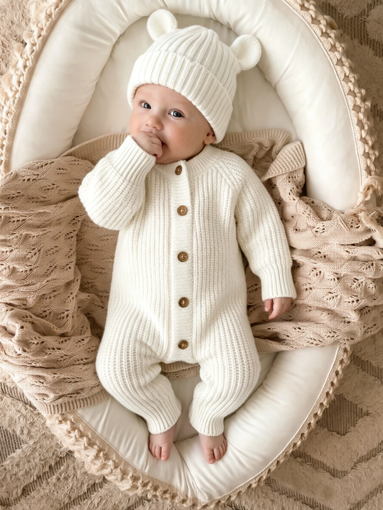 "little baby" Embroidery Knitting Newborn Birth Announcement Outfits Baby Bear Ears Photography Jumpsuit Infant Photo Props-HD