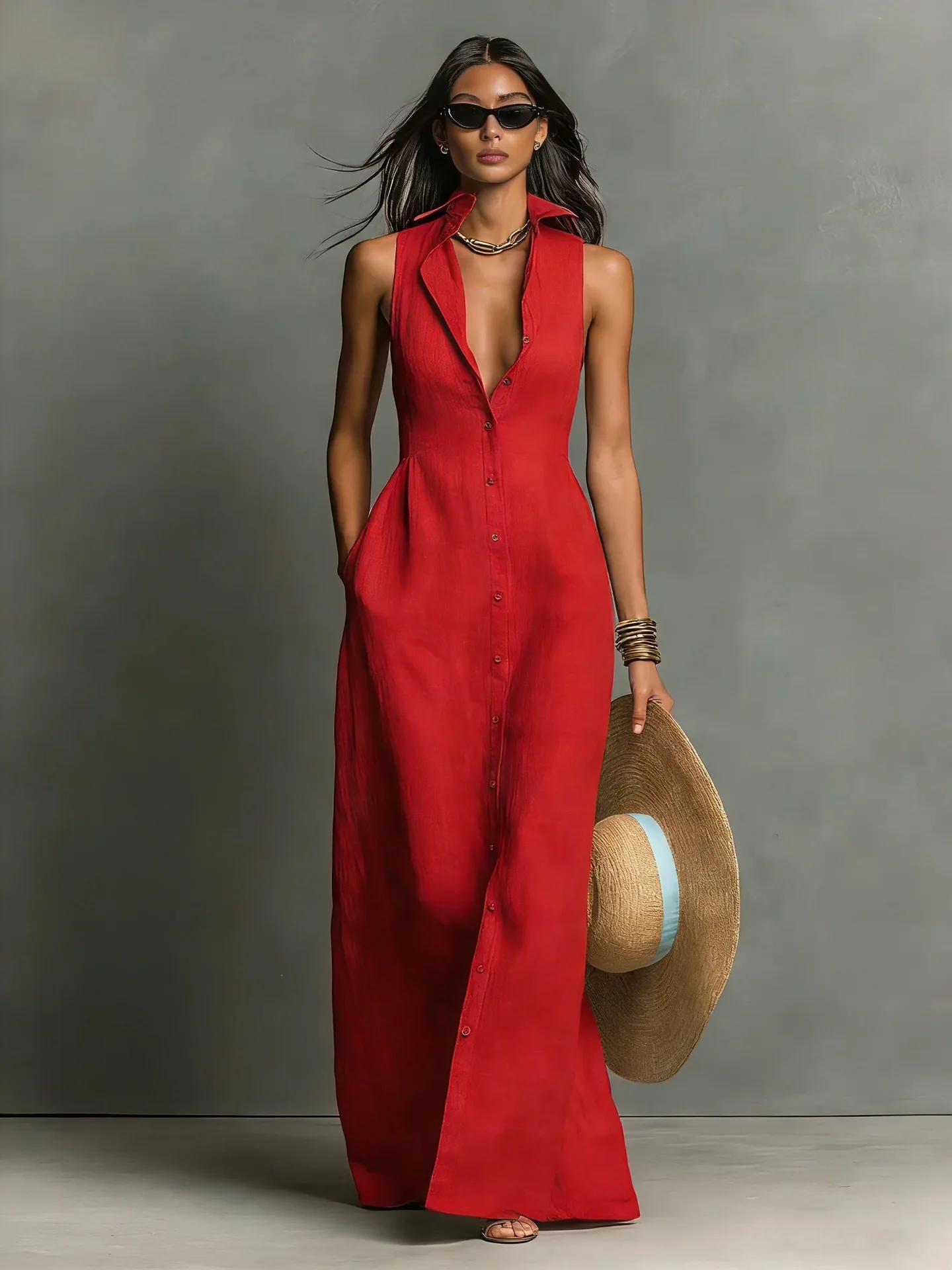 Women Maxi Dress Sleeveless Lapel Collar Button Down Shirt Dress With Pockets Deep V Neck Summer Beach Vacation Long Sundress