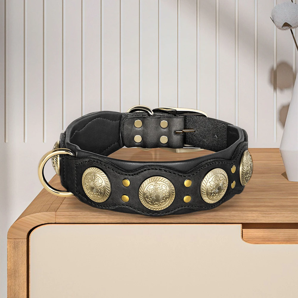 Real Leather Dog Collar Genuine Leather Dog Collars Spiked Studded Big Dog Collar Necklace Adjustable For Medium Large Dogs Pug