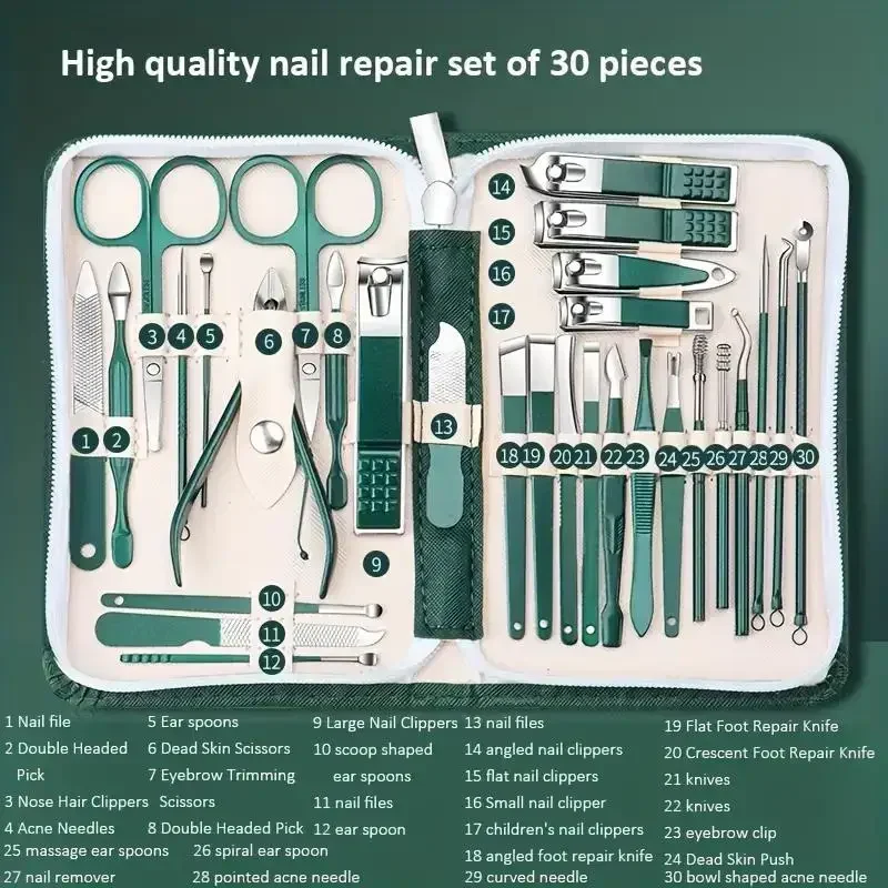 30pcs Professional Stainless Steel Nail Clipper Set Green Nail Tools Manicure Pedicure Set of 30pcs Travel Grooming Kit