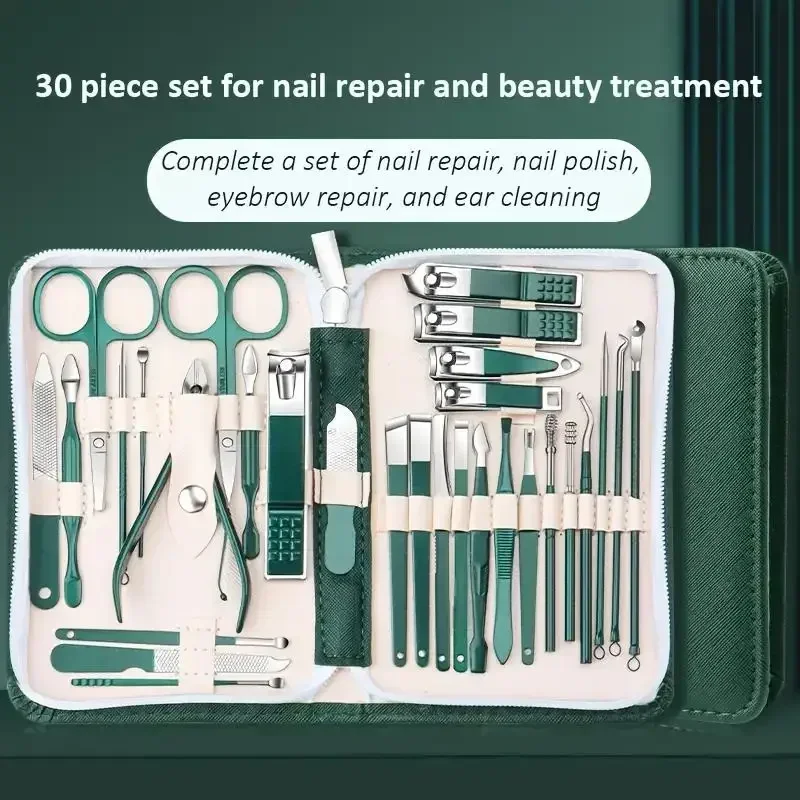 30pcs Professional Stainless Steel Nail Clipper Set Green Nail Tools Manicure Pedicure Set of 30pcs Travel Grooming Kit
