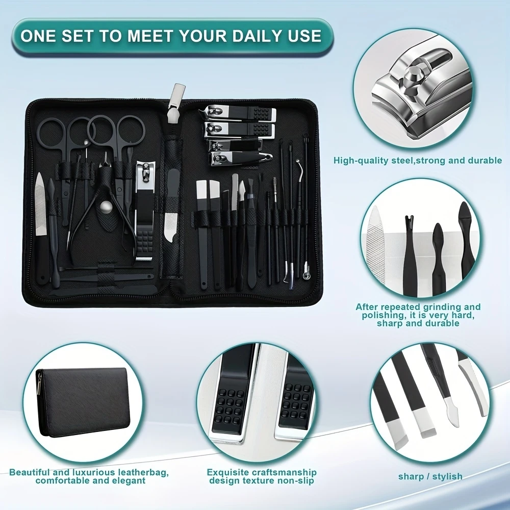 30pcs Professional Stainless Steel Nail Clipper Set Green Nail Tools Manicure Pedicure Set of 30pcs Travel Grooming Kit