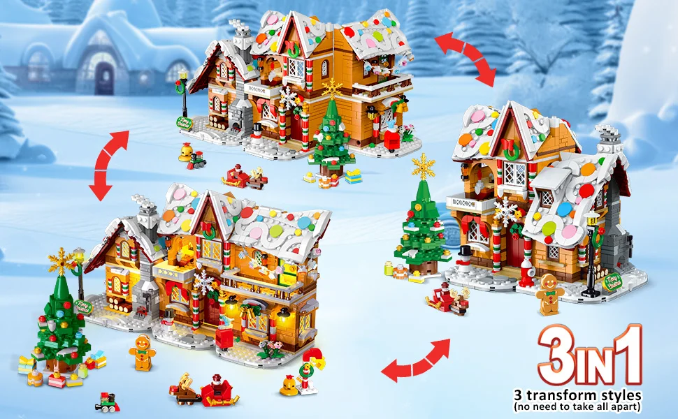 2025 Christmas Gingerbread House Building Toy with LED Light-3 Style Modes Block with Santa Xmas Tree Train for Adults Kids8+