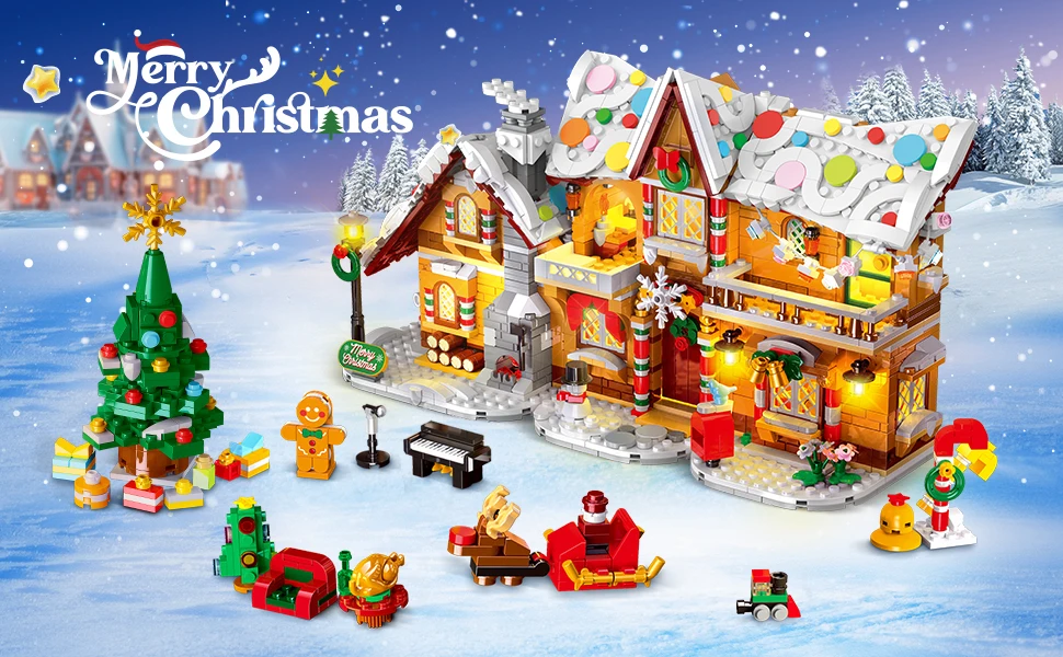2025 Christmas Gingerbread House Building Toy with LED Light-3 Style Modes Block with Santa Xmas Tree Train for Adults Kids8+