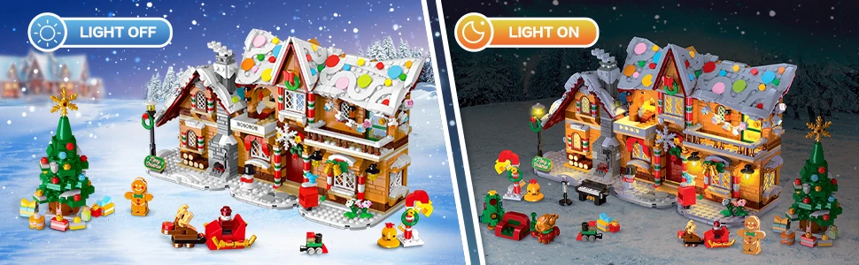 2025 Christmas Gingerbread House Building Toy with LED Light-3 Style Modes Block with Santa Xmas Tree Train for Adults Kids8+