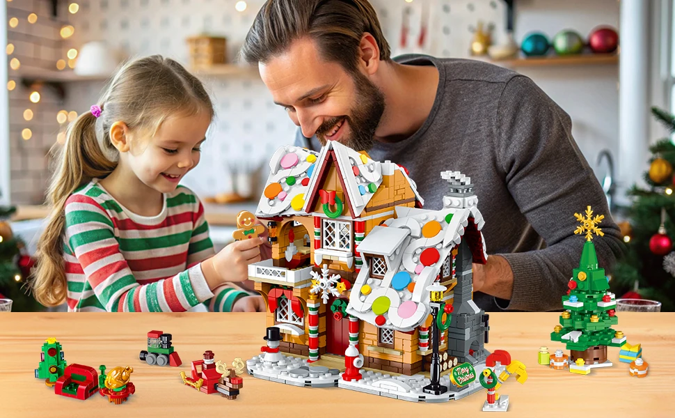 2025 Christmas Gingerbread House Building Toy with LED Light-3 Style Modes Block with Santa Xmas Tree Train for Adults Kids8+