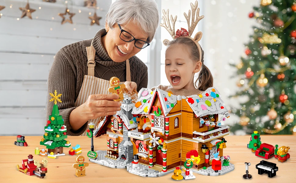 2025 Christmas Gingerbread House Building Toy with LED Light-3 Style Modes Block with Santa Xmas Tree Train for Adults Kids8+