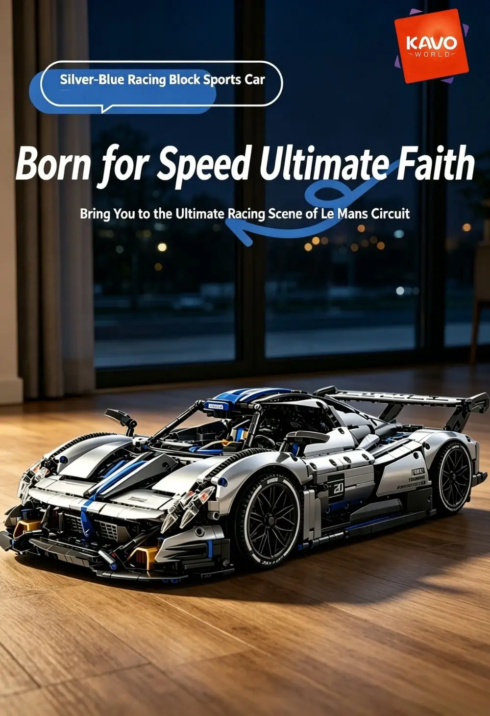 KAVOWORLD 3526pcs Silver Blue Super Sports Car Building Blocks Set 1:8 MOC DIY Assembly Race Car Model Brick STEM Construction Toy Home Decor Ornament Vehicle Display Mechanical Simulation Racing Brick Car Birthday Christmas Gift for Teens