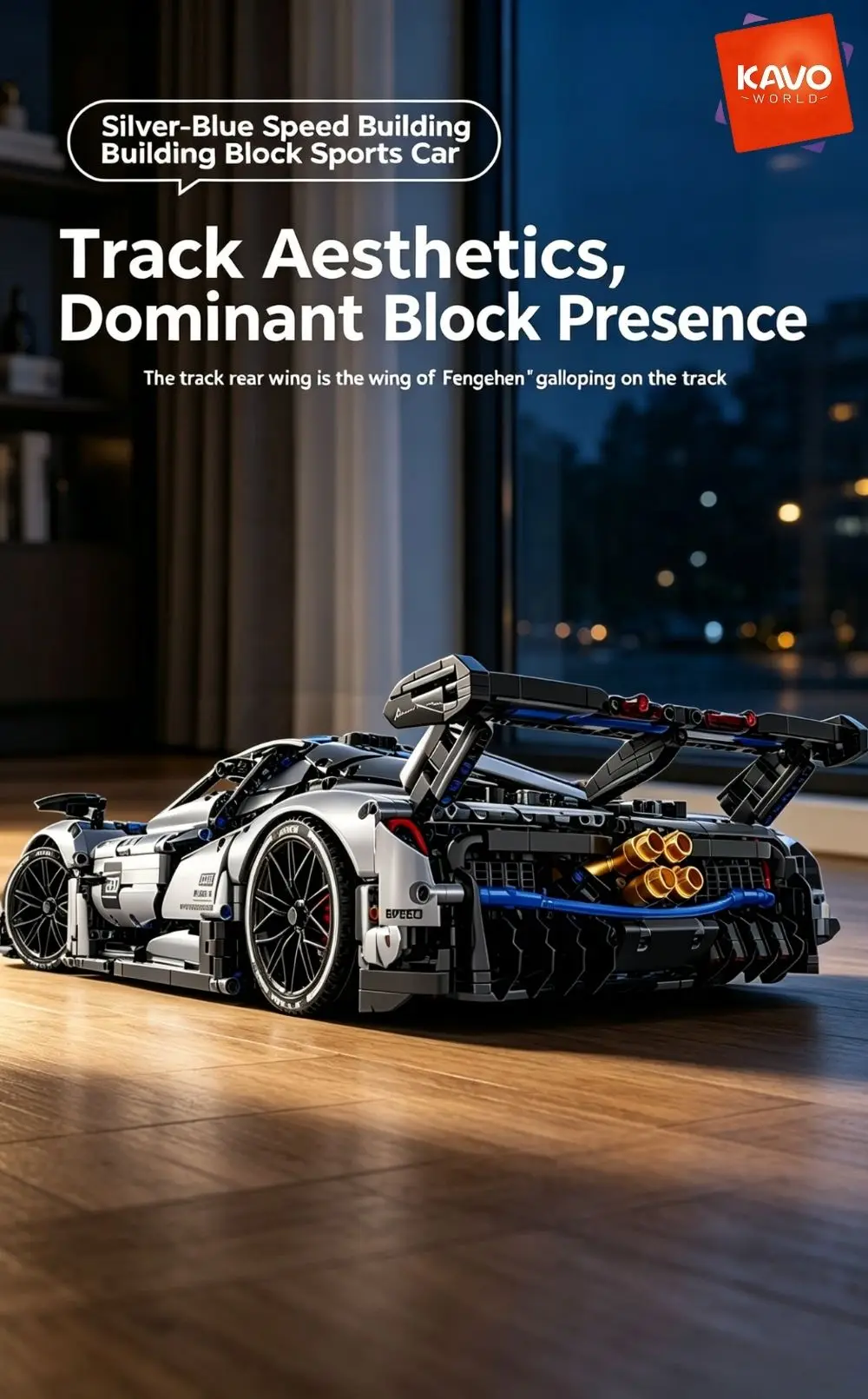 KAVOWORLD 3526pcs Silver Blue Super Sports Car Building Blocks Set 1:8 MOC DIY Assembly Race Car Model Brick STEM Construction Toy Home Decor Ornament Vehicle Display Mechanical Simulation Racing Brick Car Birthday Christmas Gift for Teens